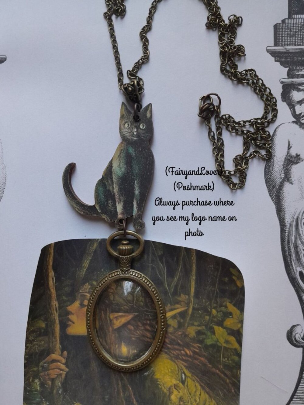Witchy Cat magnifying glass pendant long chain necklace,eye glasses gift